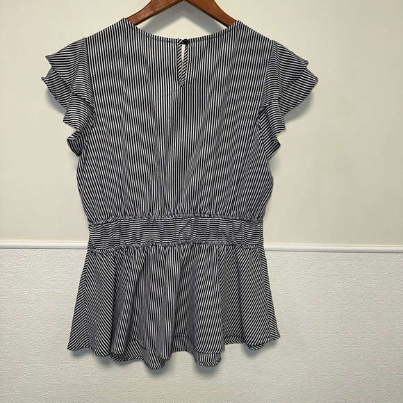 Women's Monteau Los Angeles blouse, Size L, Navy and White Stripes ruffles - Picture 8 of 8